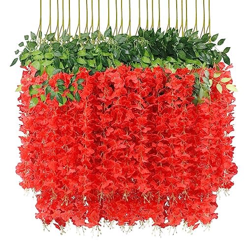 U'Artlines 24 Pack (Total 86.4 Feet) Artificial Fake Wisteria Vine Rattan Hanging Garland Silk Flowers String Home Party Wedding Decor (24, Red) - Image 1