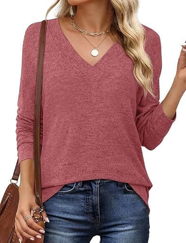JUSTFASHIONNOW Long Sleeve Tunic Tops for Women V Neck Shirts Business Casual Blouses Trendy Comfy Tee Work Winter Office Outfits for Women 2025 (Red,Small)