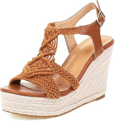 Wedges Sandals Platform Raffia Espadrilles for Women Dressy Comfortable Beach Wear Open Toe Wedge Heels Bohemian Summer Dress Sandal for Causal Tropical Vacations Weddings sandalias de plataforma para mujer Brown Size 9 - Image 1