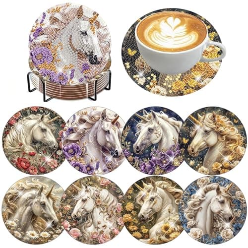 Unicorn Diamond Art Coasters 8 PCS with Holder Diamond Painting Kits for Adults Unicorn Flowers Coasters Handicrafts Paint by Diamond 4x4 inch - Image 1