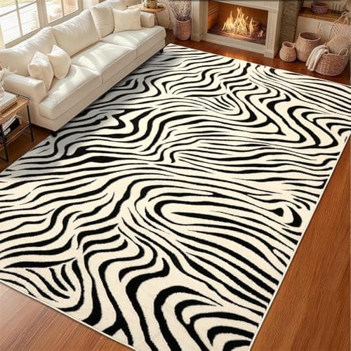 YIHOUSE 9×12 Ft Area Rugs for Living Room: Modern Washable Rug - Abstract Black and Cream White Rug for Bedroom Dining Room Office Playroom Nursery Home Decor - Nonslip Non-Shedding Striped Rugs - Image 1