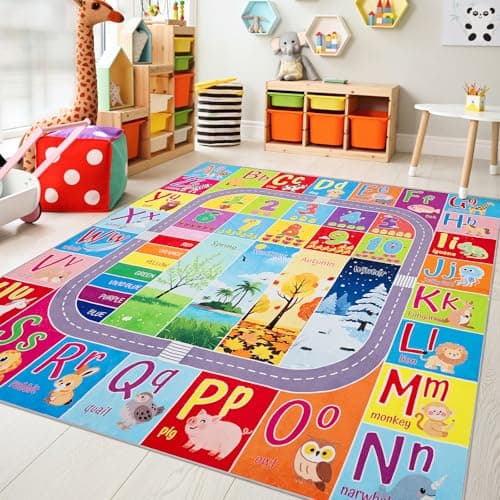 UKISS ABC Kids Rug,Toddler Educational Play Rug for Learning Alphabet, Numbers, Colors, Seasons and Animal Words,55"x55"Washable Classroom Area Rugs,Non-Slip Kids Play Mat Carpet for Playroom