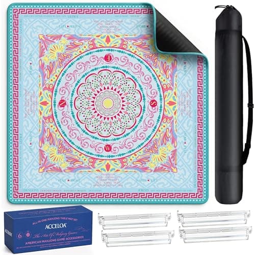 Acceloa American Mahjong Mat and Racks Set - 31.5" Waterproof High-Density Neoprene Mat with Rules, 4 Clear Acrylic Mahjong Racks with Carrying Bag - Premium Gift Box (Boho Mandala) - Image 1