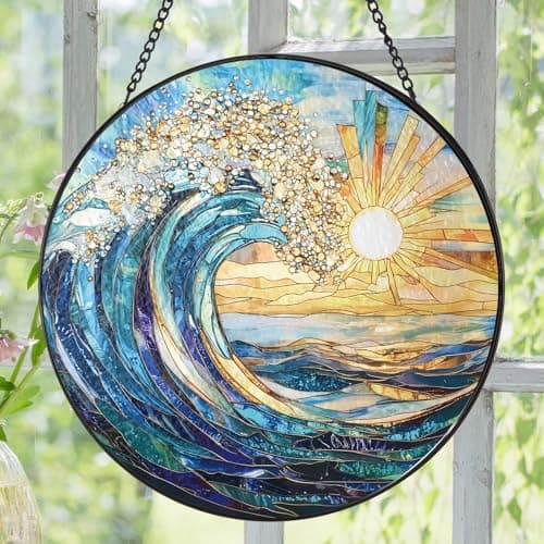 The Ocean Waves and The Sunrise Suncatcher Stained Glass Window Hanging - Image 1
