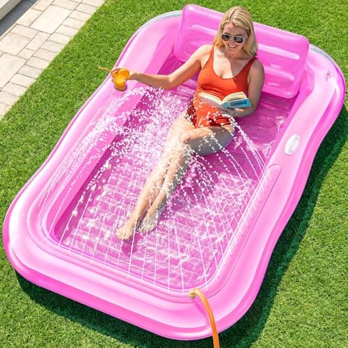 Inflatable Tanning Pool Lounger Float with Sprinkler, 77" x 48" XL Tanning Pool for Adults with Pillow & Cup Holder, 6 in 1 Suntan Tub Sunbathing Bed Pool Floats Adult for Backyard, Beach & Lake - Image 1