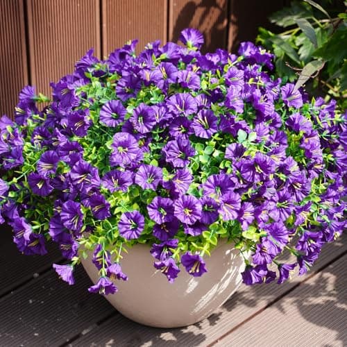 maxkes Artificial Flowers for Outdoors, UV Resistant Fake Silk Morning Glory, Realistic Faux Plants for Outside Porch Patio Window Box Hanging Planter (12, Purple)