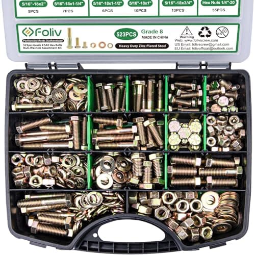 FOLIV 523PCS Grade 8 Bolts and Nuts Assortment Kit, Heavy Duty Nut and Bolt Assortment, 1/4-20 5/16-18 3/8-16 SAE Hex Bolts, Length from 1/2" to 1-1/2" - Image 1