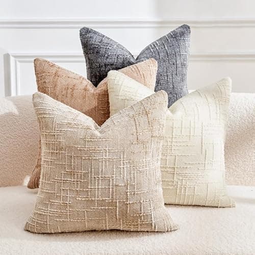 GriNeed Throw Pillow Covers Neutral Set of 4 18x18 Inch Pillow Covers, Soft Chenille White Khaki Beige Dark Grey Pillowcases for Couch Sofa Bed Living Room, Home Boho Decor, Farmhouse Cushion Covers - Image 1