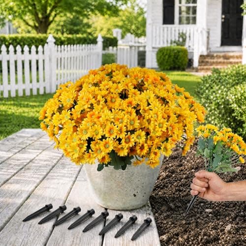 Artificial Flowers for Outdoors with Ground Spikes, 14 Stems Large Daisy Fake Flowers, Silk Faux Flowers for Outdoor Planters, Garden, Porch, Window Box & Cemetery Decor, 8 Bundles(Yellow) - Image 1
