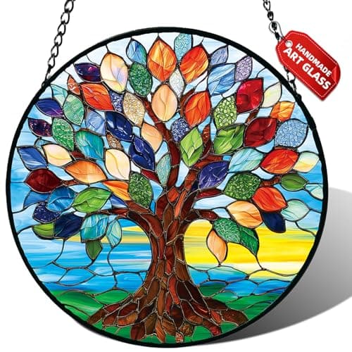 Stained Glass Window Hanging, Colorful Tree of Life Suncatcher for Door Home Decor, Glass Panel Sunrise Sun Catcher Ornament Mother's Day Birthday Gifts for Women Men Mom 7.8 in - Image 1