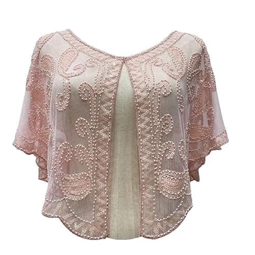 RiJinDuoJin 1920s 50s Shawl Wraps Sequin Beaded Shawl Wedding Bridal Wrap For Evening Dresses Gatsby Party Harlem Night Accessories - Pink - Image 1
