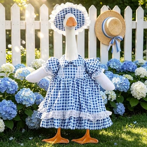 Sukione Blue Plaid Porch Goose Outfit, 23 inch Summer Lawn Goose Costume with Hat, Country Farmhouse Yard Spring Gingham Goose Clothes Dress for Outdoor Garden Patio Decor - Image 1