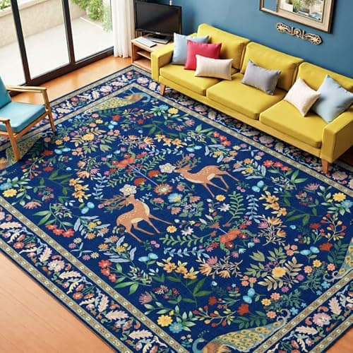 8x10 Blue Farmhouse Rugs for Living Room - Large Unique Washable Area Rug for Bedroom, Dining Room Under Table, Floral & Animal Design, Low Pile Soft Carpet - Image 1