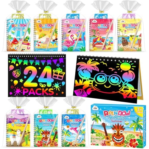 ZMLM 24 Pack Scratch Art Party Favors: Birthday Party Favors for Kids 4-8, Bulk Rainbow Scratch Notebook Paper Pads, Goodie Bags Stuffers Girls Boys Classroom Gifts Crafts Toys(Summer)