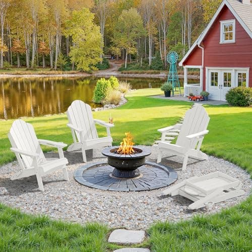 LUE BONA Folding Adirondack Chair, Chairs Set of 4, Cup Holder, Woodgrain, Fire Pit, Patio, Pool, White - Image 1