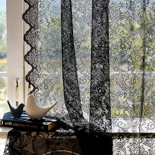 Draphelle 2 Panels Vintage Lace Black Curtains 54x72 inches Long, Romantic Semi Sheer Floral Lacy Curtains for Dining Room, Elegant Window Drapes for Bedroom - Image 1
