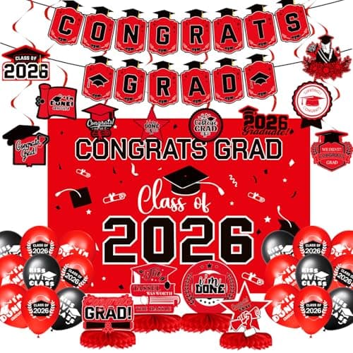 2026 Graduation Decorations Set Congrats Grad Banner Class of 2026 Backdrop Balloons Swirls Honeycomb Centerpieces Red Graduation Party Supplies for High School College Graduate Decor - Image 1