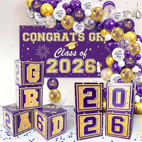 Graduation Decorations 2026 Purple and Gold Balloon Boxes, Class of 2026 GRAD Letters, Balloon Garland Kit, Congrats Grad Banner Photo Backdrop for High School & College