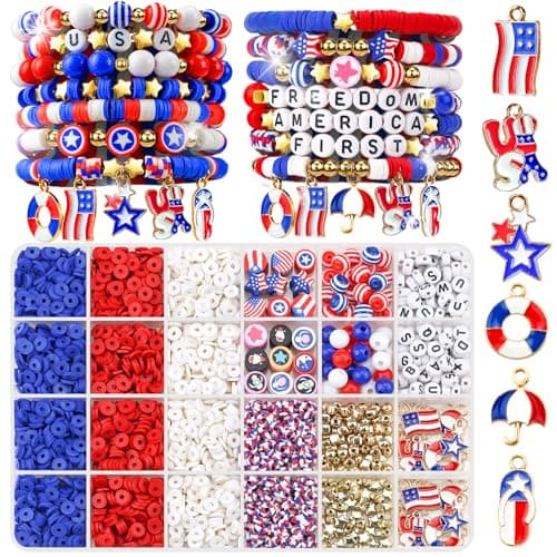 Gionlion 4th of July Decorations Bracelet Making Kit with Patriotic Letter Beads, Red White and Blue Clay Beads for Independence Veterans Day Party Favors, DIY Gifts with America Flag FIFA World Cup - Image 1