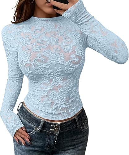 BTFBM Mesh Long Sleeve Tops for Women Lace Sexy Sheer Tight See Through Crew Neck Spring Fall 2026 Party Club Outfits(Light Blue, X-Small) - Image 1