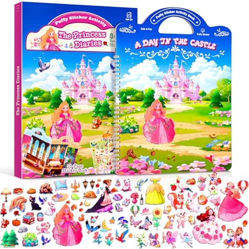 Reusable Sticker Book for Girls,Puffy Stickers Activity Book for Toddlers,Learning Toys for 4 5 6 Year Old Girl Princess Story Books,Kids Travel Toys for Airplane Road Trip,Christmas Birthday Gifts