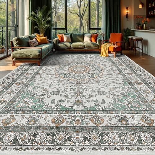 Light Green Area Rugs 9x12 for Living Room, Washable Vintage Rug for Bedroom, Dining Room Under Table, Large Oriental Low Pile Non Slip Carpet, Soft Accent Mat - Image 1