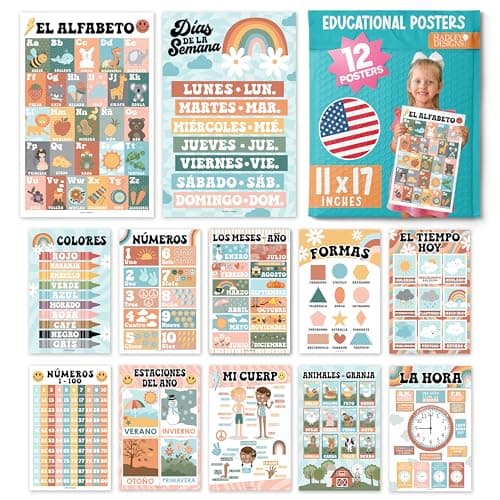 Hadley Designs Spanish Posters for Classroom - 12 Bilingual Educational Posters for Spanish Classroom Decorations Must Haves, Calendario y Alfabeto en Español Para la Pared, Colorful Teacher Supplies