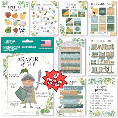 Hadley Designs Sunday School Decorations for Classroom –9 Bible Posters for Kids, Books of the Bible, 10 Commandments, Bible Timeline Chart, Fruits of the Spirit, Greenery Christian Classroom Decor