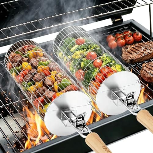 TNTOR Rolling Grill Basket, Larger 304 Stainless Steel Nesting Grilling Net, Removable Handle, BBQ Accessories Tools for Veg Shrimp, Outdoor Cooking Camping grilling gifts for men Dad Husband - Image 1