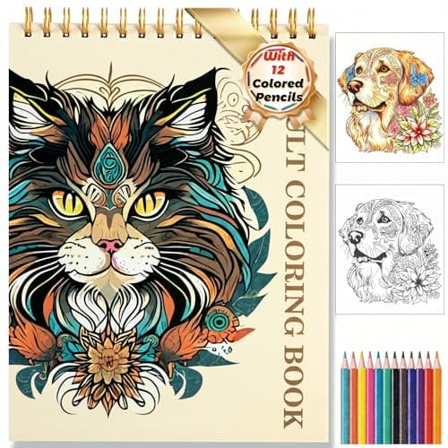 Animal Coloring Book for Adults with 12 Colored Pencils, 41 Realistic Single-Sided Patterns, 130GSM Anti-Bleed Paper, Hardcover Spiral Bound Gift for Women & Men, 8.5x11in