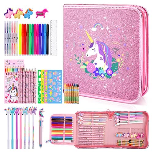 MAIGOZON Unicorn Art Supplies for Girls Ages 4-8 - 56 PCS Coloring Kit with Scented Markers, Gel Pens & Glitter Pencil Case, Kids Drawing Set Birthday Holiday Gifts for Girls 6 7 8
