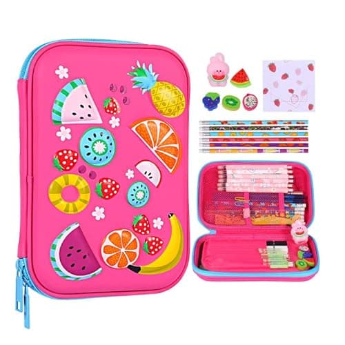 homicozy Pencil Case for Girls,Cute Fruit Stationary Set for Kids,3D EVA School Large Capacity Pencil Pen Box with Compartment,School Supplies for Girls,Back to School Gifts for Kids,Rose Red