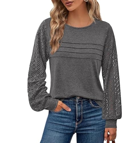 BTFBM Women's Long Sleeve Shirts Dressy Lace Fall Tops 2026 Trendy Business Casual T-Shirts Cute Work Outfits Blouses(Dark Grey, X-Large) - Image 1