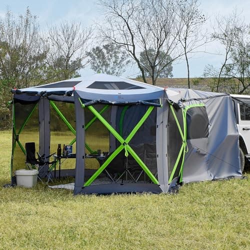 JOYTUTUS Dual-Use Pop up SUV Tent for Camping, 11FT x 11FT Big Space 2 Rooms Car Tent for Family, Outdoor Gazebo with 4 Sides Screen, 2 Doors, Portable Carry Bag, Gray Green