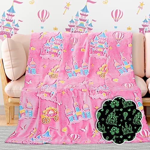 BORORO Glow in the Dark Princess Blanket for Girls Graduation, Princess Castle Gifts Toys for Girls, Pink Throw Blanket for Couch Bed Room Decor, Soft Fleece Plush Bedding for Kids Toddlers 50" x60“ - Image 1