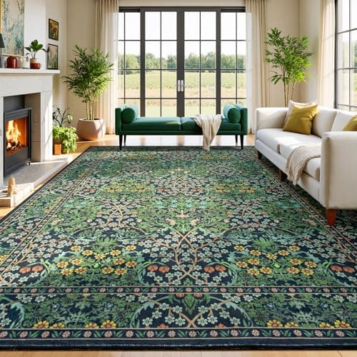 Lessymo Floral Living Room Rug 8x10 Area Rugs, Vintage Forest Washable Rugs for Dining Room Bedroom, Low Pile Non Slip Rubber Green Mat, Distressed Retro Indoor Boho Carpet, Forest Green - Image 1