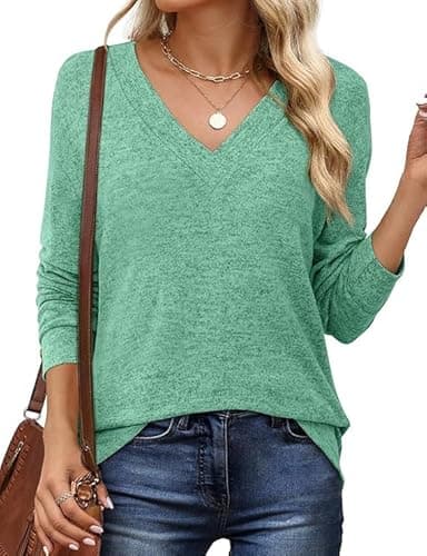 JUSTFASHIONNOW Women's Long Sleeve Tops V Neck Winter Shirts Boutique Tops for Women Trendy Blouses Dressy Casual T Shirts Fashion Winter Clothing (Green,Medium) - Image 1