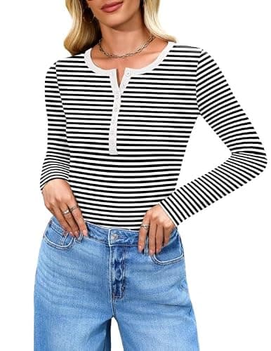 Misakia Long Sleeve Shirts for Women 2025 Spring Fall Tops Henley Button Ribbed Tunic Slim Fit Trendy Outfits Black and White Stripes XS - Image 1