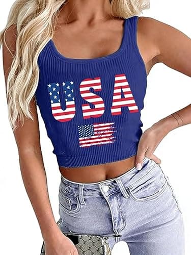 IsPICK 4th of July Shirts Women Patriotic Crop Tank Tops USA 250th Anniversary American Flag Sleeveless Ribbed Casual Tops - Image 1