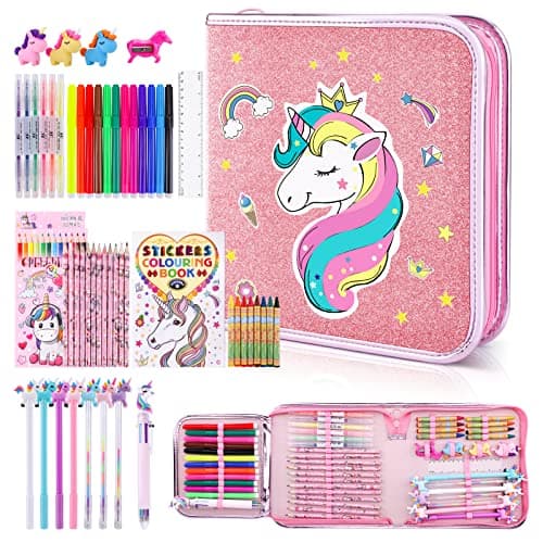 MAIGOZON Unicorn Gifts for Girls - 56 PCS Scented Markers Art Supplies Set for Kids Ages 4-8, Coloring Drawing Kit with Glitter Unicorn Case & Quick-Dry Gel Pens, Birthday Christmas Gift