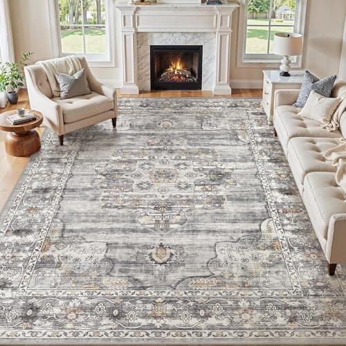 Jessibou Washable 8x10 Area Rug for Living Room & Dining Room - Large Vintage Farmhouse Soft Carpet with Non-Slip Backing, Stain Resistant Low-Pile Indoor Rug for Home Office, Kid & Pet Friendly- Grey - Image 1