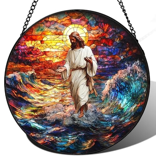 Zizzie Stained Glass Jesus Suncatcher - 7.9" Real Glass Walking on Water Window Hanging, Weatherproof Christian Religious Decor, Overcoming Storms Sympathy Faith Gift for Mom Pastor - Image 1