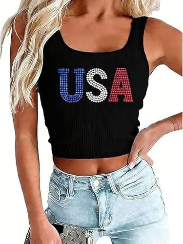IsPICK 4th of July Shirts Women Patriotic Crop Tank Tops USA 250th Anniversary American Flag Sleeveless Ribbed Casual Tops - Image 1