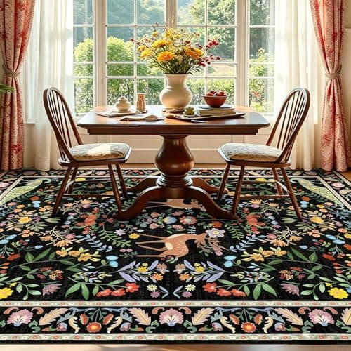 5x7 Black Washable Rug for Living Room - Foyer Rugs for Entryway, Bedroom, Home Office, Floral Indoor Décor - Image 1