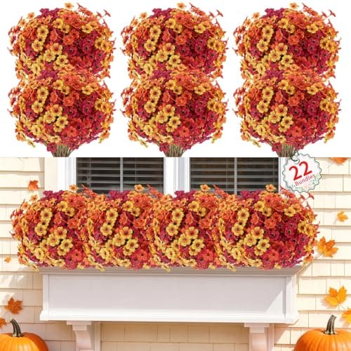 22 Pack Artificial Flowers Outdoor Fake Plants, Faux Flowers UV Resistant with Plastic Plants, Faux Silk Flowers for Outdoors Outside Front Porch Hanging Planter Window Garden Decoration(Autumn Mixed) - Image 1