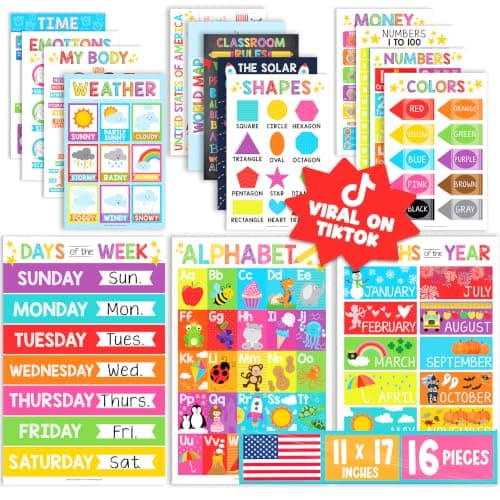 Hadley Designs 16 Educational Posters for Classroom Must Haves - Laminated Pre-K Posters for Toddler Homeschool Essentials, Toddler & Preschool Learning Activities, Kindergarten Classroom Decor - Image 1