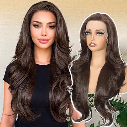 Sotpmal Brown 13x4 HD Lace Front Wigs, Long Layered Body Wave Synthetic Wig for Women, Glueless Pre-Plucked Natural Hairline, Heat Resistant Fiber for Party & Everyday Use, 26Inch