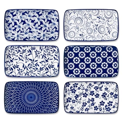 vancasso Selene 8.5 Inch Rectangular Salad Plates Set of 6, Ceramic Salad Plates for Sushi, Dessert, Appetizer, Porcelain Platters for Kitchen Decor, Microwave & Oven Safe, Vintage Blue & White Color - Image 1