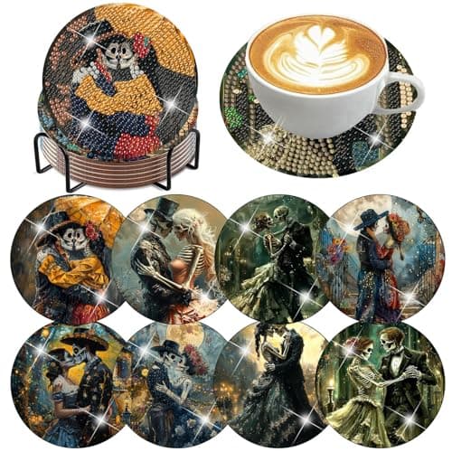 Zythron Skull Diamond Art Coasters Kits with Holder, 8 PCS Diamond Painting Coasters for Beginners, Romantic Skeleton Lover Diamond Painting Kits for Adults, Handicrafts Paint by Diamond, 4x4 inch - Image 1