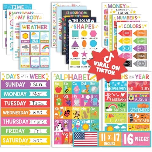 Hadley Designs 16 Educational Posters for Classroom Must Haves - Laminated Pre-K Posters for Toddler Homeschool Essentials, Toddler & Preschool Learning Activities, Kindergarten Classroom Decor - Image 1